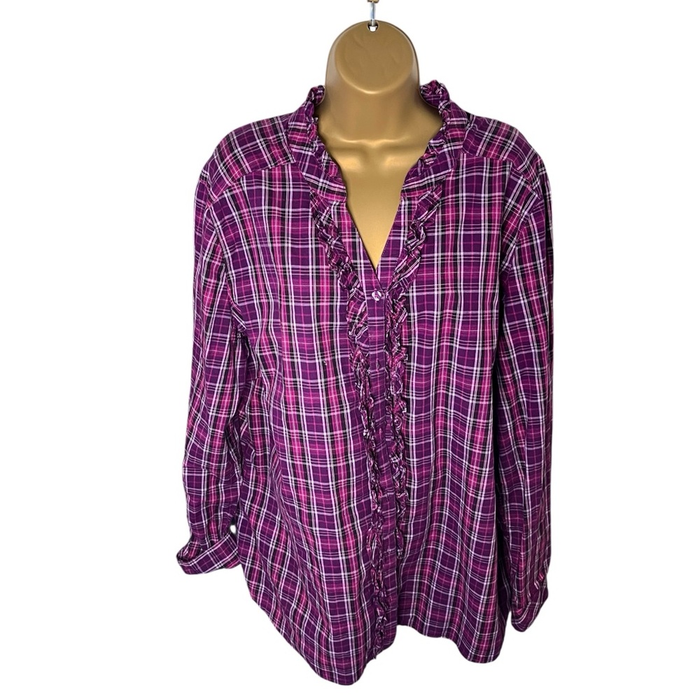 Vintage Y2K Laura Scott Ruffle Front Plaid Button Down Shirt Purple 16/18W